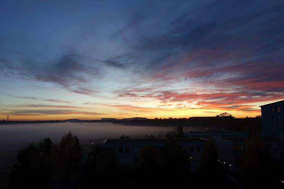 sunrise, ground fog, clouds, edge of town, munich, sky, cloud - sky, HD wallpaper