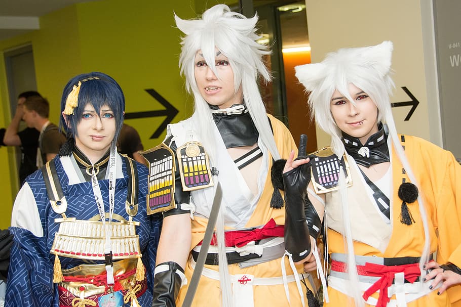 three person wearing yellow and black anime costumes, cosplay, HD wallpaper