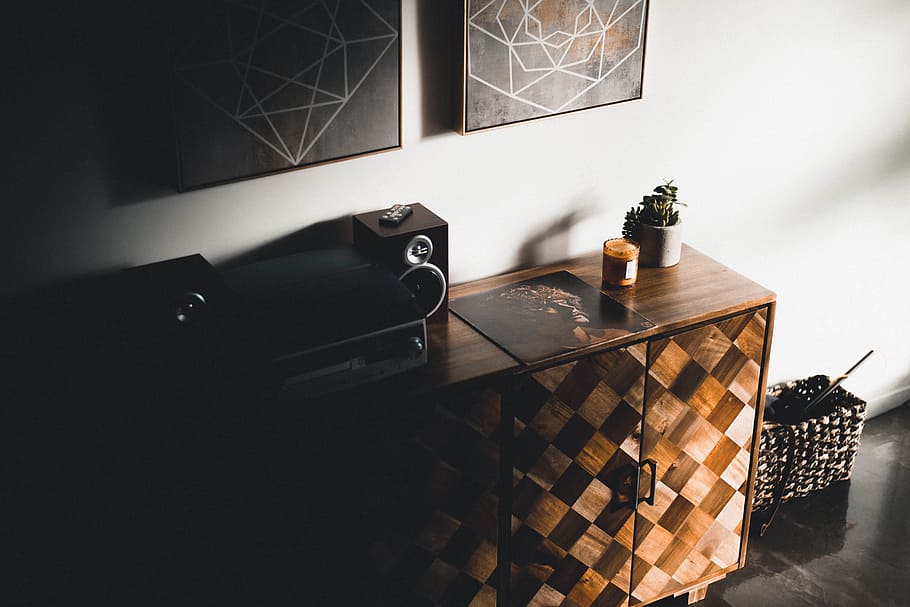 Hd Wallpaper Black Stereo Component On Brown Wooden Dresser