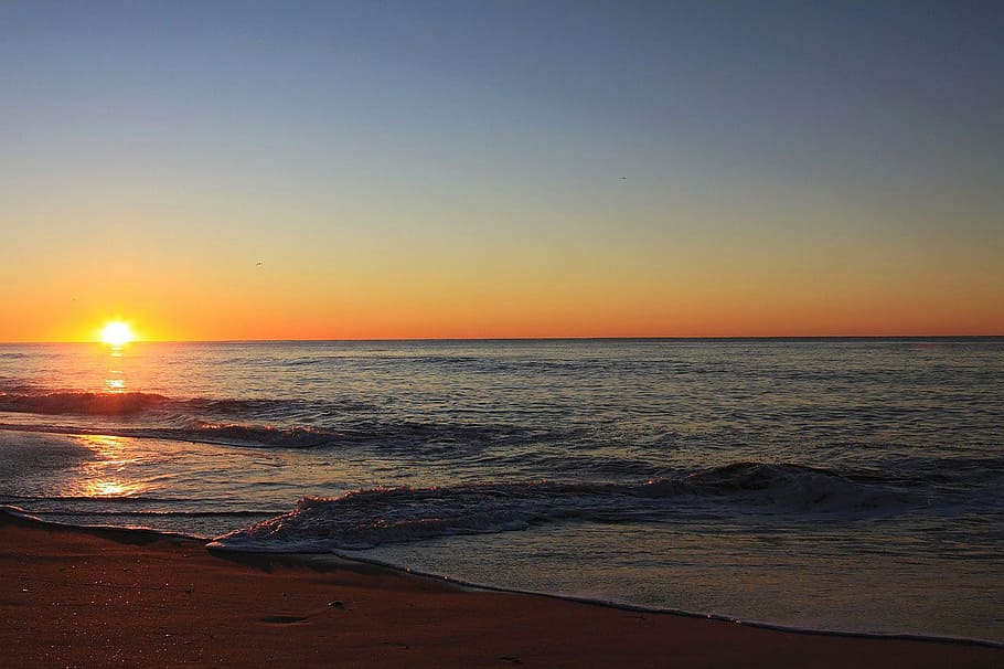 sunset photography, beach, sunrise, daybreak, wave, sand, sky HD wallpaper