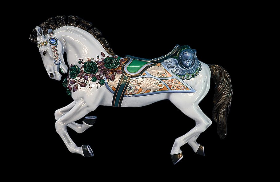 white ceramic horse figurine, carousel horse, ride, turn, year market