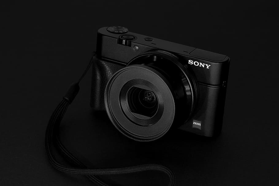 Closeup shot of a Sony camera on black background, technology