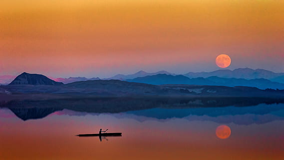 man rowing boat, sunset, dawn, dusk, evening, moon, blue, orange HD wallpaper