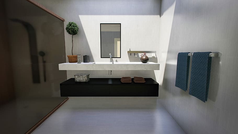 rectangular black wooden framed mirror on wall, bathroom, modern, HD wallpaper