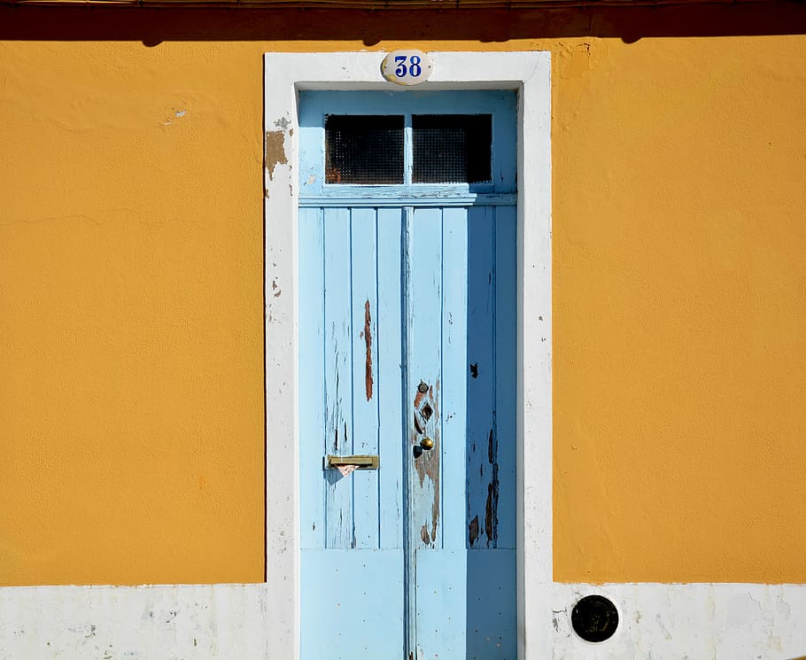 closed blue wooden door, blue wooden door, wall, 38, bright, yellow HD wallpaper