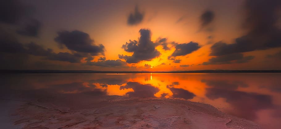 landscape photography of sunset, lake, water, reflections, panorama HD wallpaper