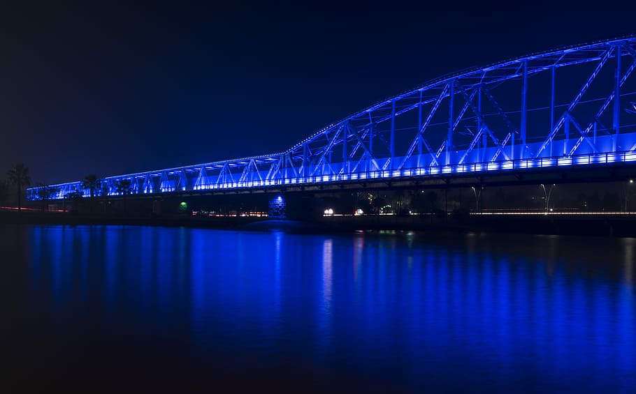 truss bridge during nighttime, blue, water, lights, architecture