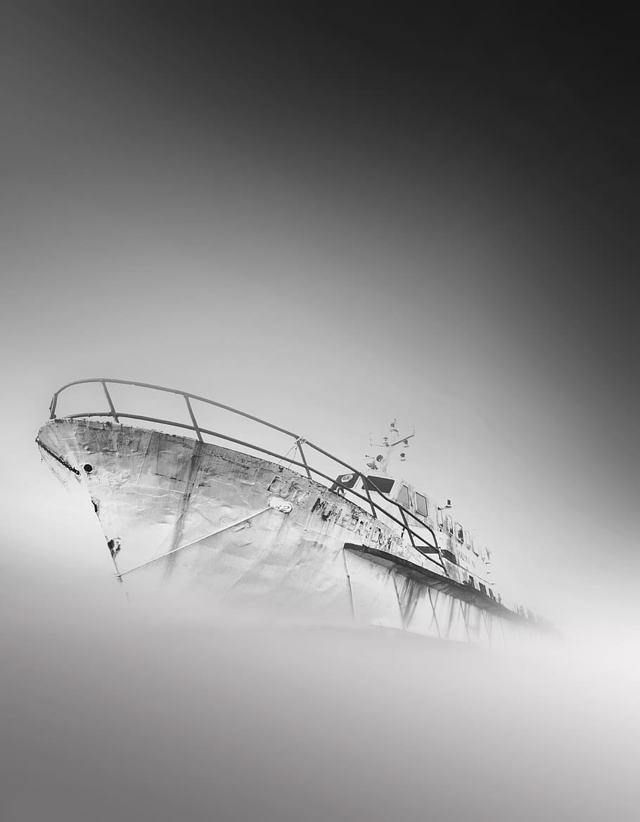 white boat, ship, black, light, fine art, black and white, day HD wallpaper