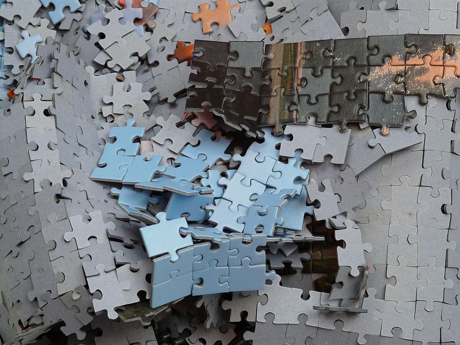 gray and blue jigsaw puzzle, Unfinished, Mess, Unresolved, chaos HD wallpaper