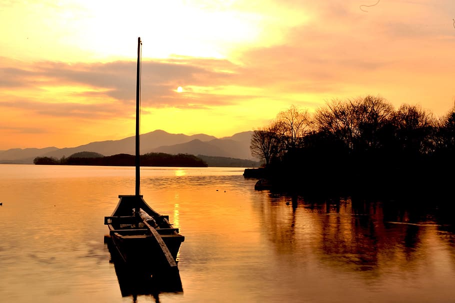 two water head, yangpyeong, river, lake, boat, sunset, glow, HD wallpaper