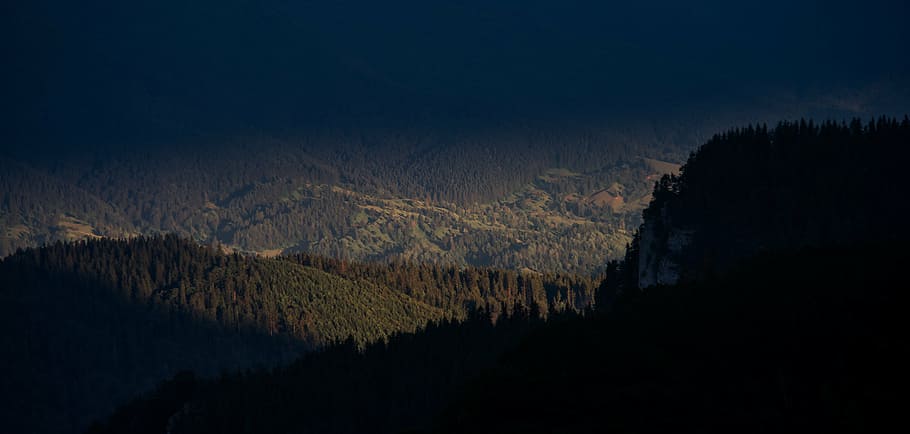 green covered mountains during daytime, photo, trees, sun, set HD wallpaper