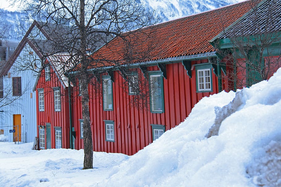 snow, red, traditional, nordic house, view, romantic, beautiful, HD wallpaper