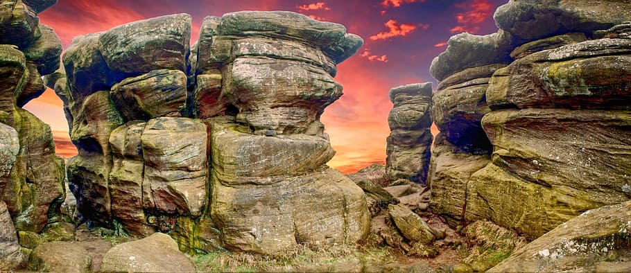brown rocks under red sky, landscape, sunset, nature, stone HD wallpaper