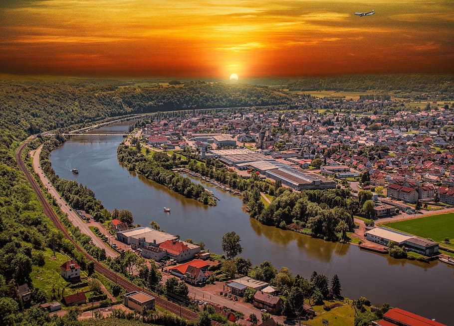 sunset, neckar, abendstimmung, sky, afterglow, romance, river HD wallpaper
