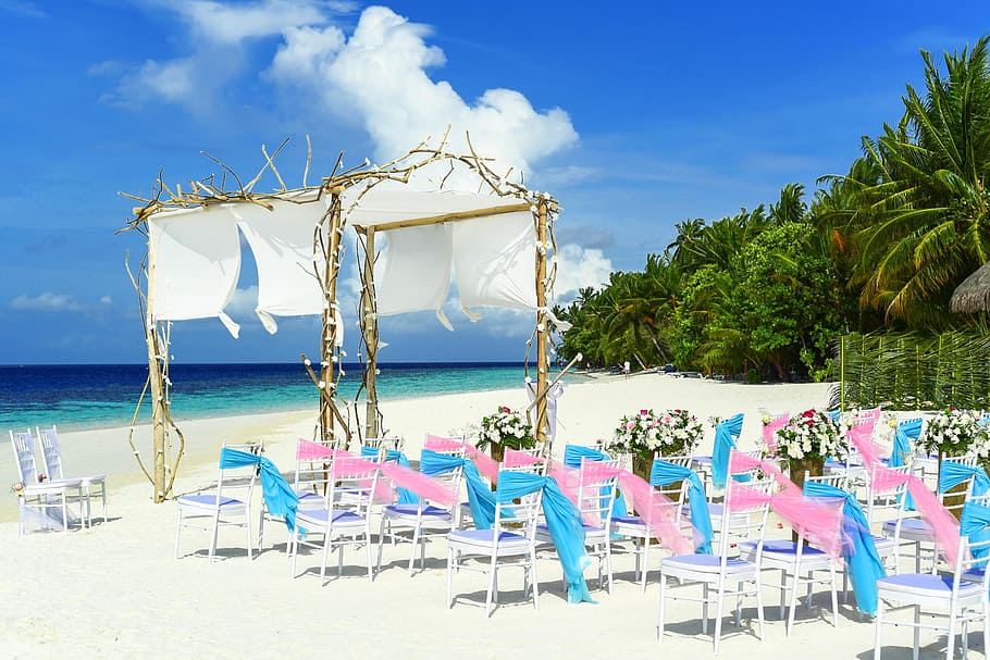 sea, landscape, nature, sky, beach, beach wedding, chairs, clouds, HD wallpaper