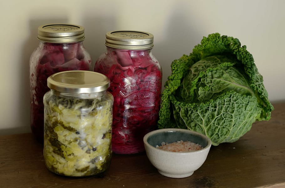 three clear glass jars beside green cabbage, Sauerkraut, Fermented HD wallpaper