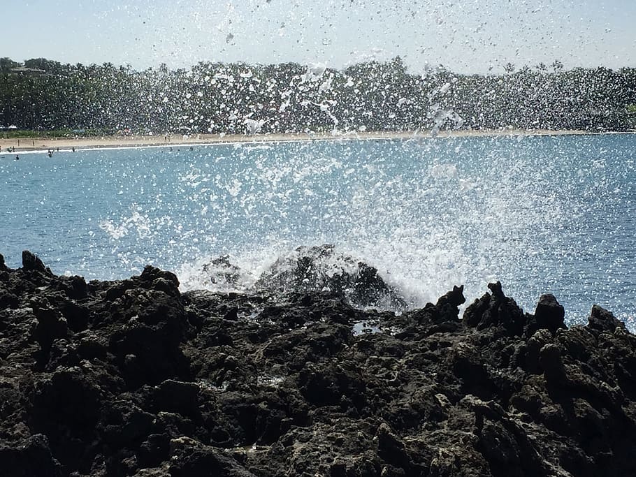 spray, volcanic, lava, water, sea, beach, rock, nature, beauty in nature HD wallpaper