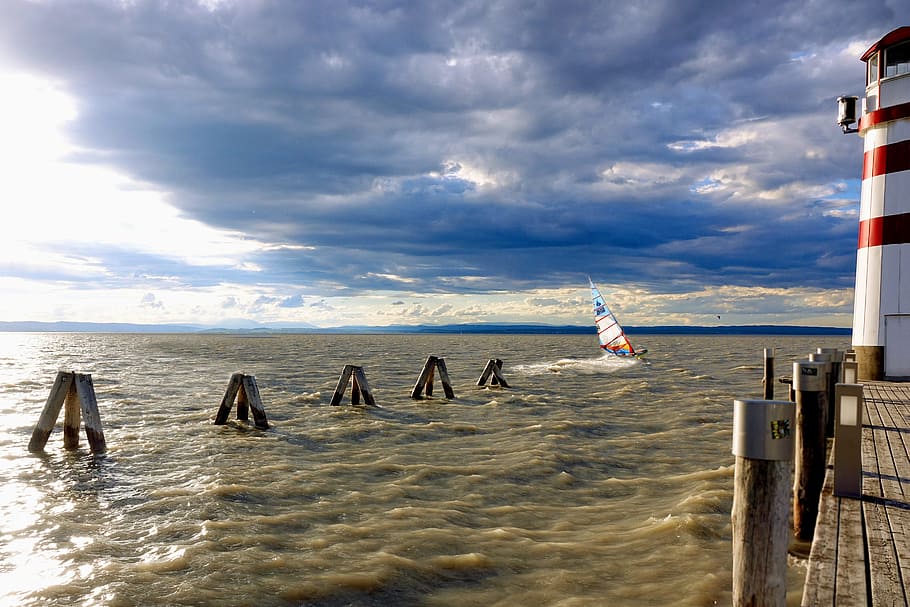waters, lake, lighthouse, clouds, water sports, sky, sea, cloud - sky HD wallpaper