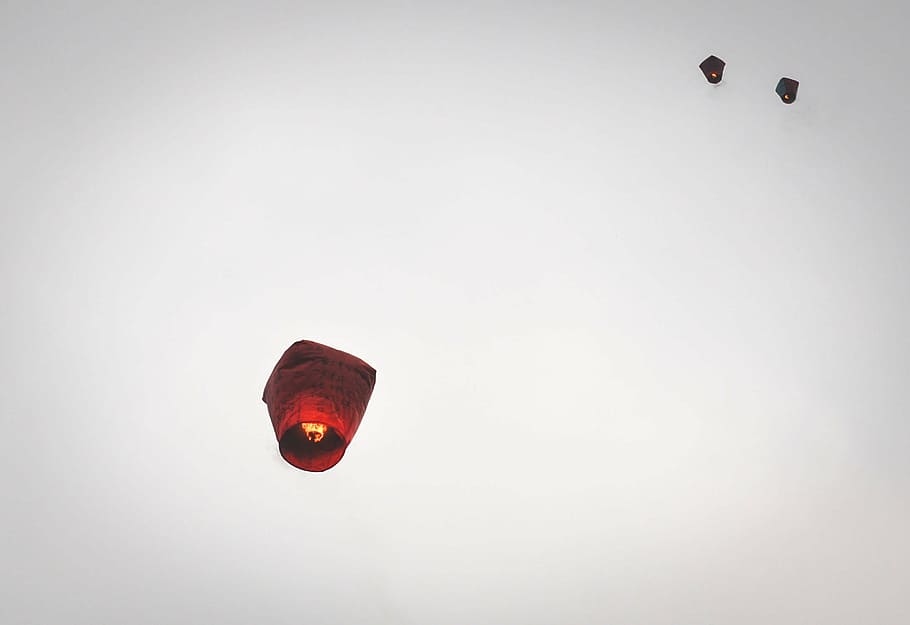candle lanterns floating under clear sky, photo, red, flame HD wallpaper