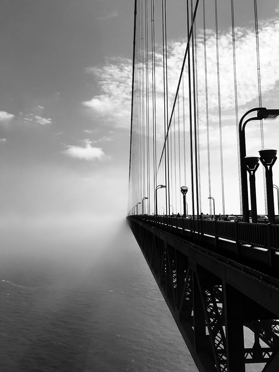 grayscale photography of cable bridge, grayscale photo of suspension bridge HD wallpaper