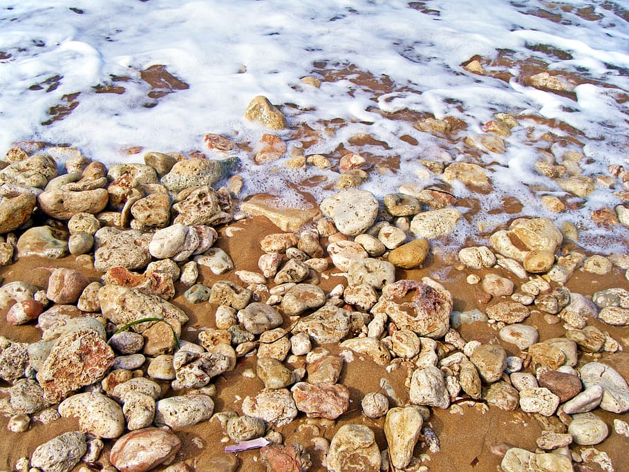 beige stone lot, beach, background, ocean, sand, pebbles, rocks HD wallpaper
