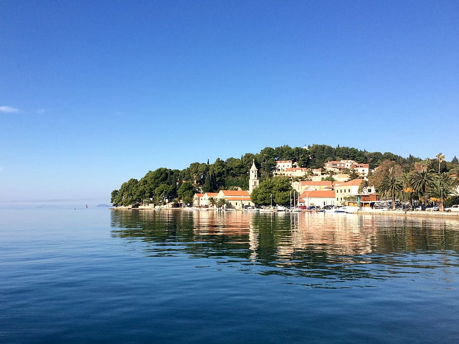 houses on island under blue sky, Cavtat, Croatia, Adriatic Sea