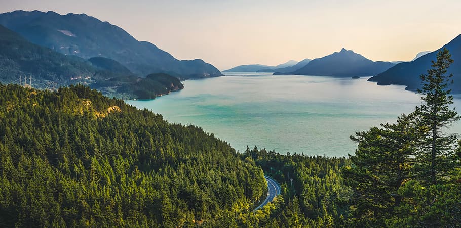 landscape photography of lake surrounded by mountains, river HD wallpaper