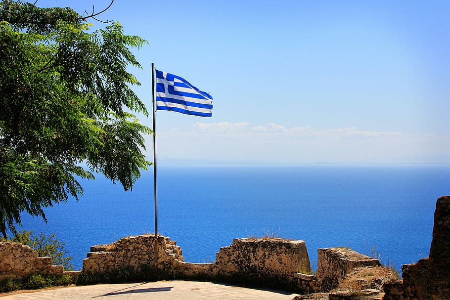 Greece, Flag, Sea, Fortress, Zakynthos, castle, greek, national colours, HD wallpaper