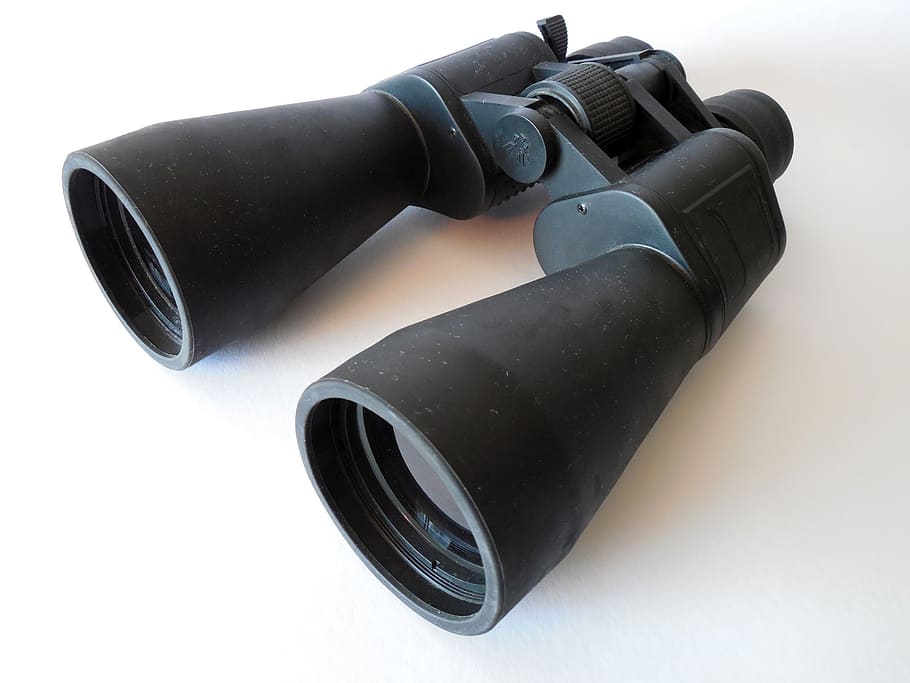 black binoculars on white panel, spy, observation, lens, see HD wallpaper