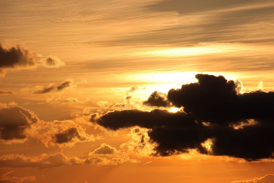 sunset, sun, clouds, dark clouds, bright cloud, contrail, abendstimmung HD wallpaper