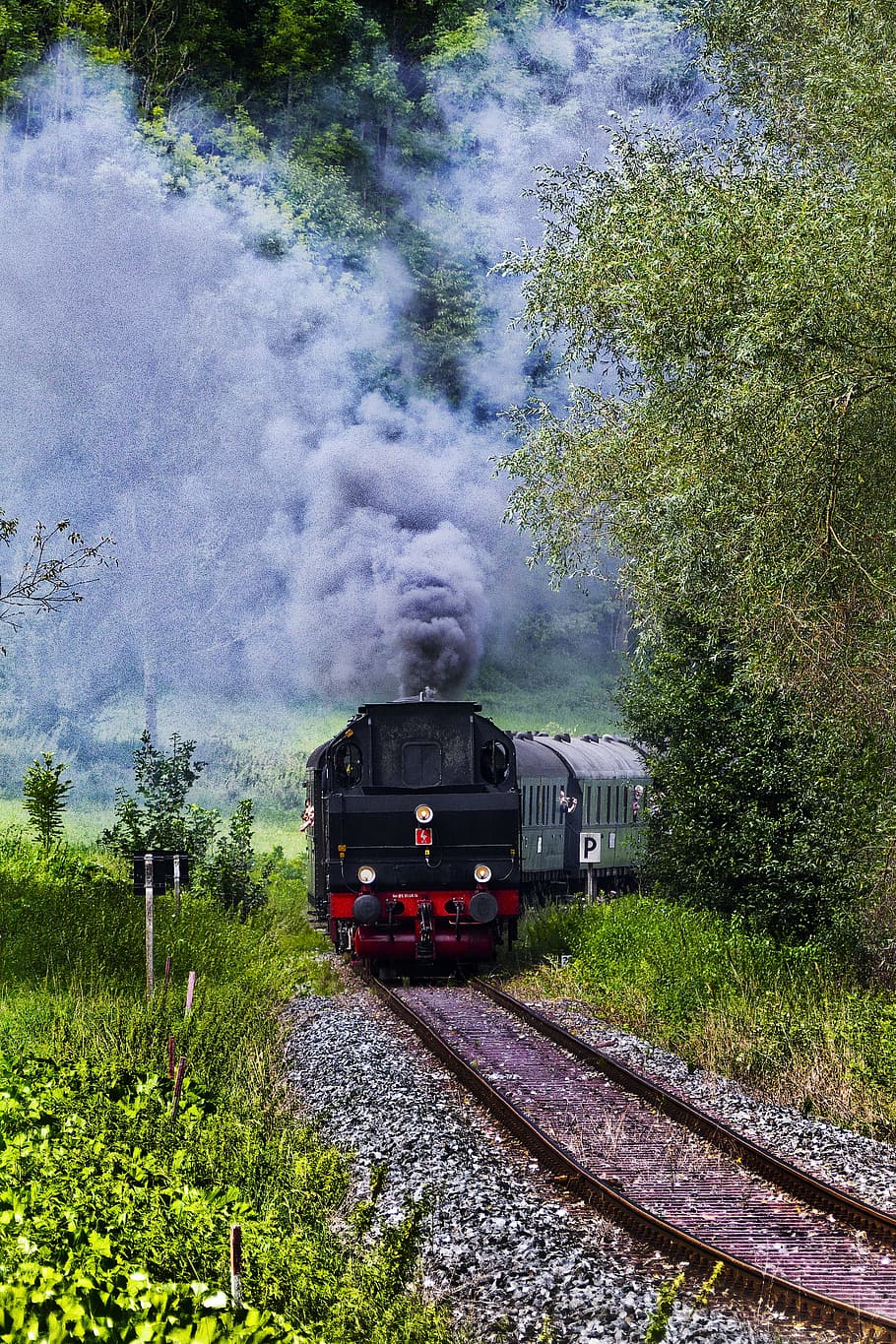 photo of train on railway during daytime, steam locomotive, tank locomotive