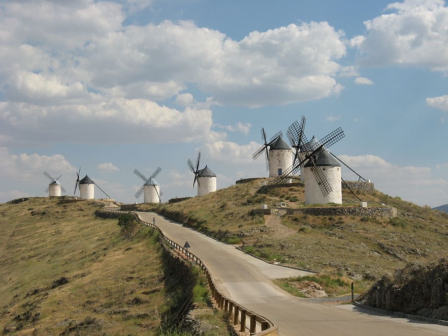 six white windmills side road, Don Quixote, Windmill, Hill, consuegra, HD wallpaper
