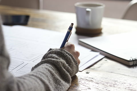 person using click pen on wooden table, writing, paper, photo HD wallpaper