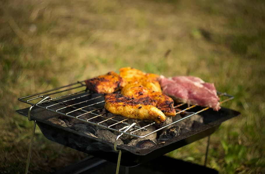 roasted meat on gray steel grill, barbecue, bbq, grilled, food, HD wallpaper
