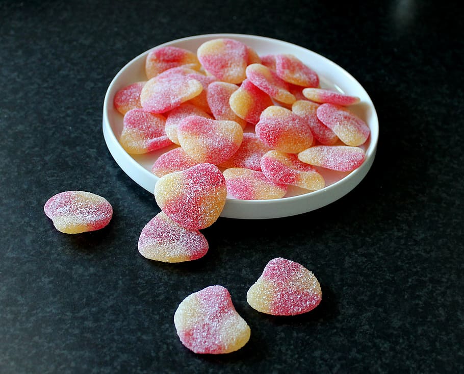 candy, hearts, sugar, red, candy bowl, sweet, dining, food HD wallpaper
