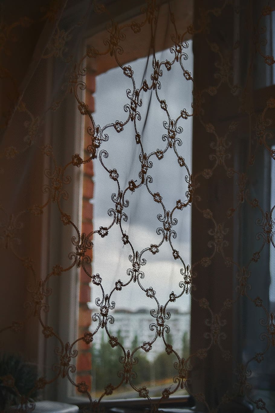 floral window curtain, net, pattern, no people, metal, security HD wallpaper