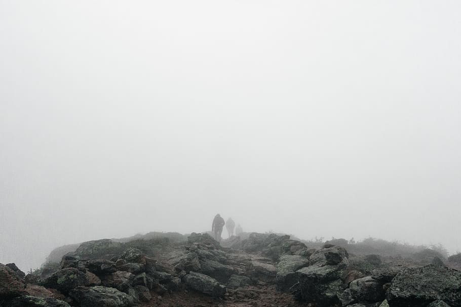 foggy mountain, three person walking on mist terrain, people, HD wallpaper