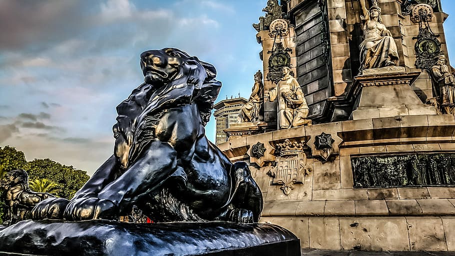 lion statue, Lion, Monument, Barcelona, Spain, catalunya, sculpture, HD wallpaper