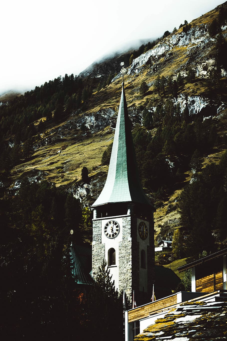 cathedral on mountain slope, clock tower near on mountain, church HD wallpaper
