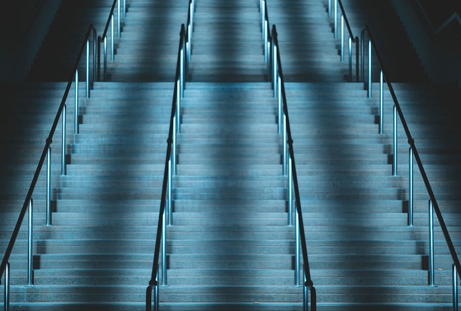 Stairs to Success, concrete stairs with black rails, steps, night HD wallpaper