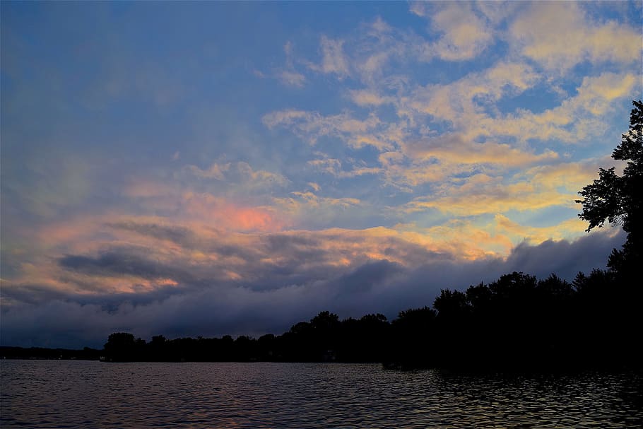 sunset, clouds, sky, lake, nature, landscape, summer, light HD wallpaper