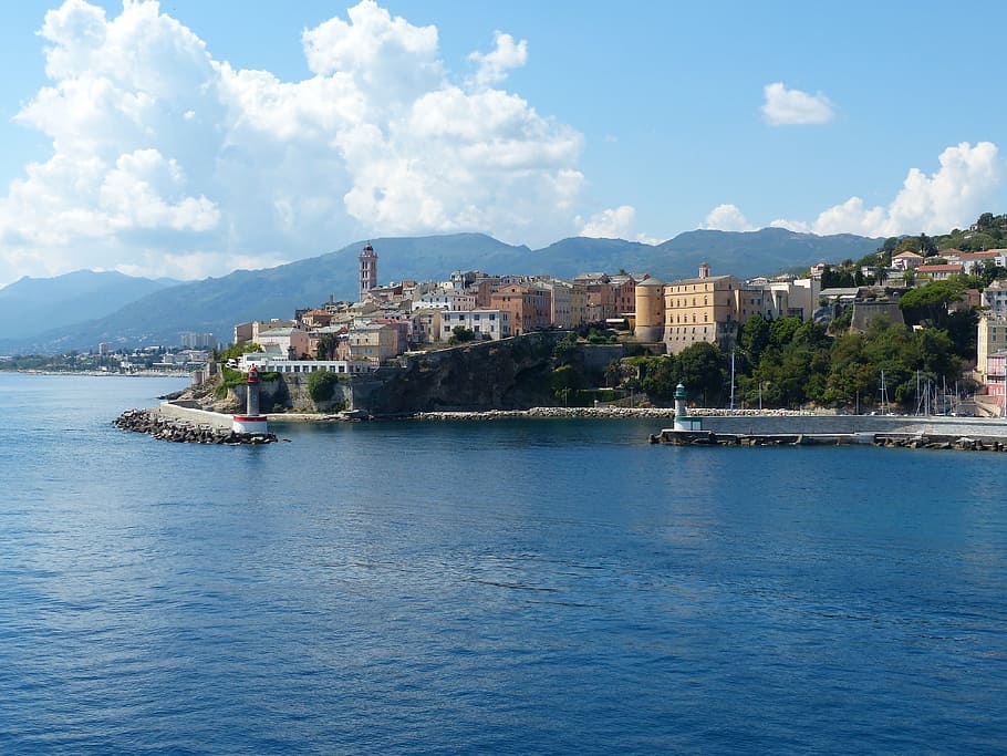 buildings beside body of water, corsica, bastia, old town, island, HD wallpaper