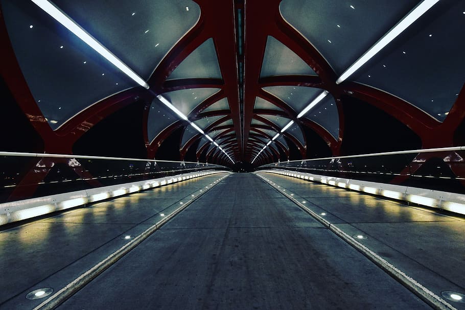 photo of black and brown road tunnel, red bridge with gray road during nighttime HD wallpaper