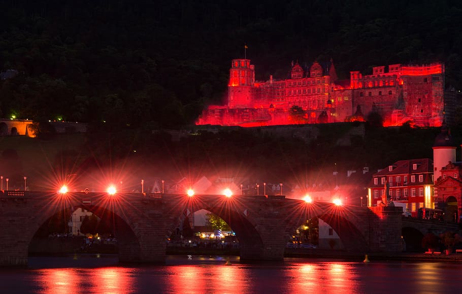 castle lighting, building, night, fortress, fireworks, heidelberg, HD wallpaper