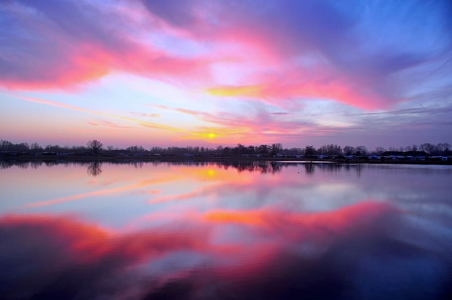 body of water during sunset, pink, dusk, sky, lake, reflection HD wallpaper