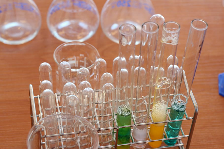 clear glass test tubes on rack, laboratory, chemistry, subjects