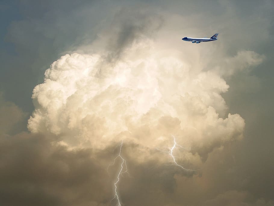 airplane, clouds, lightning, aircraft, flight, cloud - sky HD wallpaper