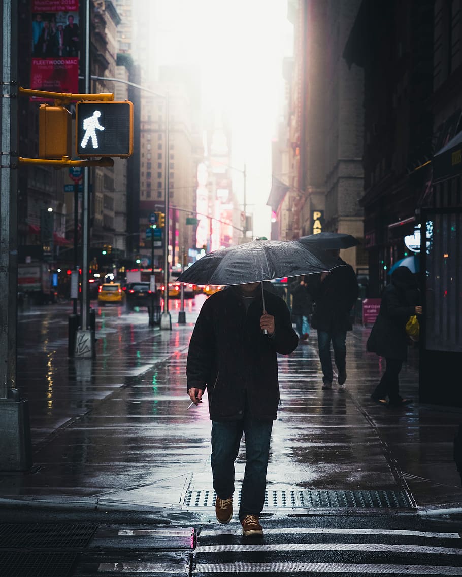 lonely man walking in rain