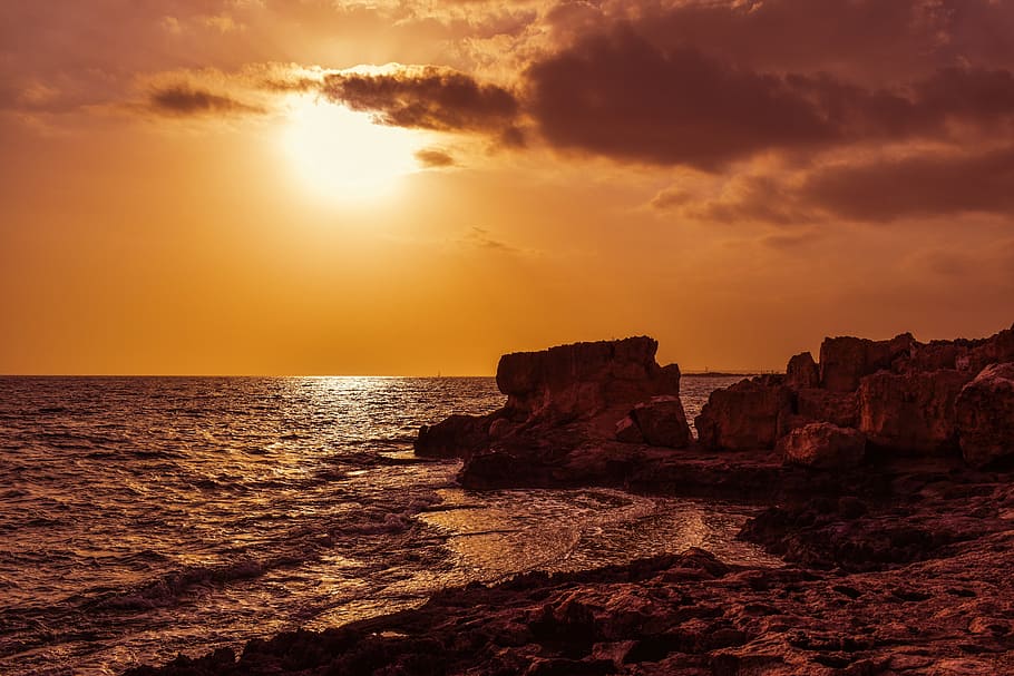 sunset, sky, clouds, rocky coast, formation, erosion, nature HD wallpaper
