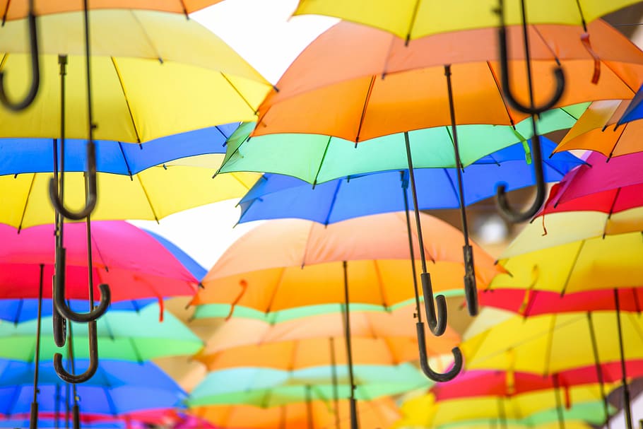 HD wallpaper: assorted-color hanging umbrella decor photo, colorful